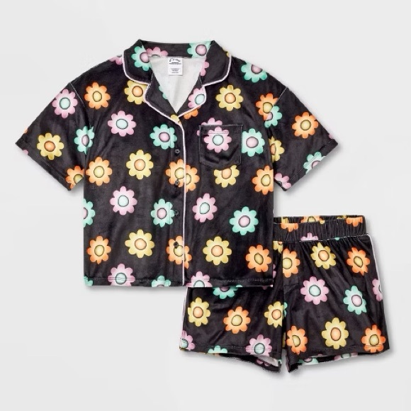 Art Class Sleep Set Black Retro Floral Pattern Super Soft Velour Feel Sz 10/12 - Picture 1 of 4